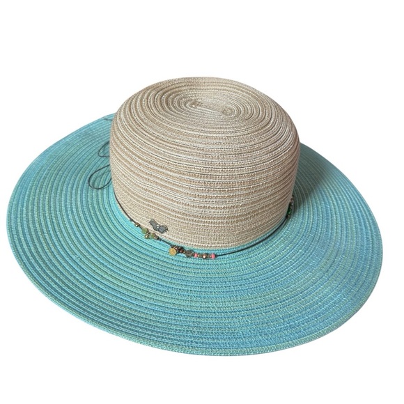 NWOT Kallina Wide Brim Sun Hat Blue Tan Beaded Butterfly Charm Sun Protection - Picture 3 of 13